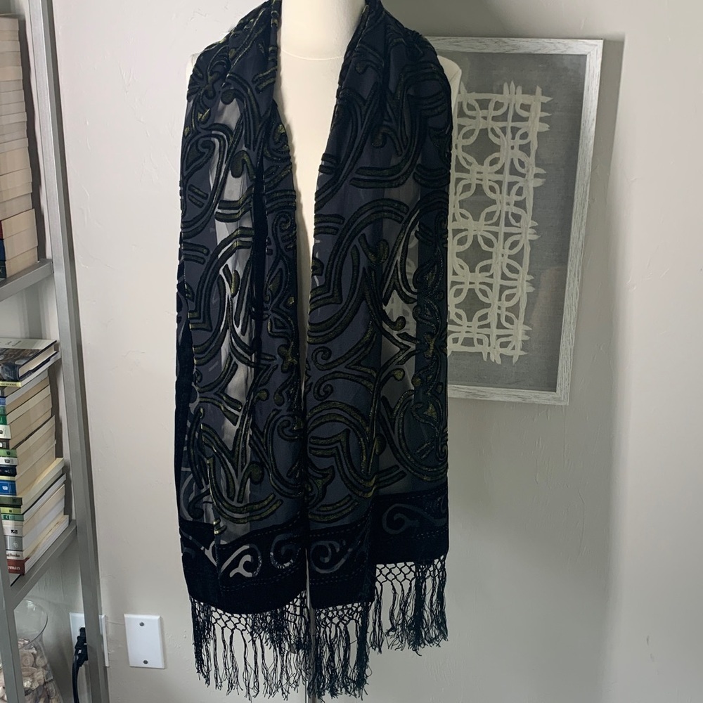 Black and green velvet burnout scarf with tribal design and fringe